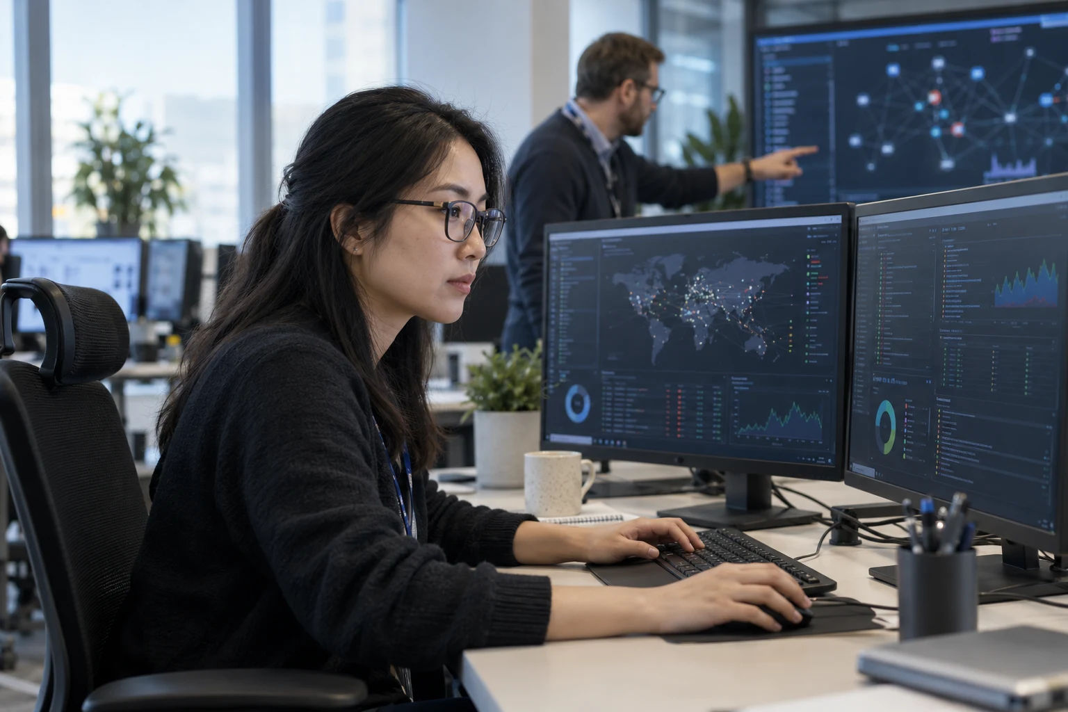 Illustration : une analyste cybersécurité examine les alertes avec son collègue