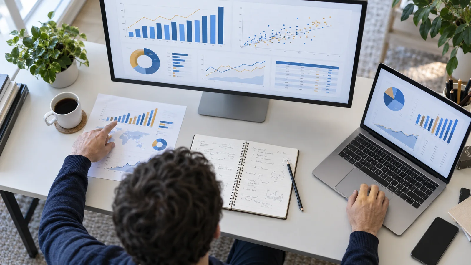 Vue plongeante sur le poste d’un analyste et ses tableaux de bord de données