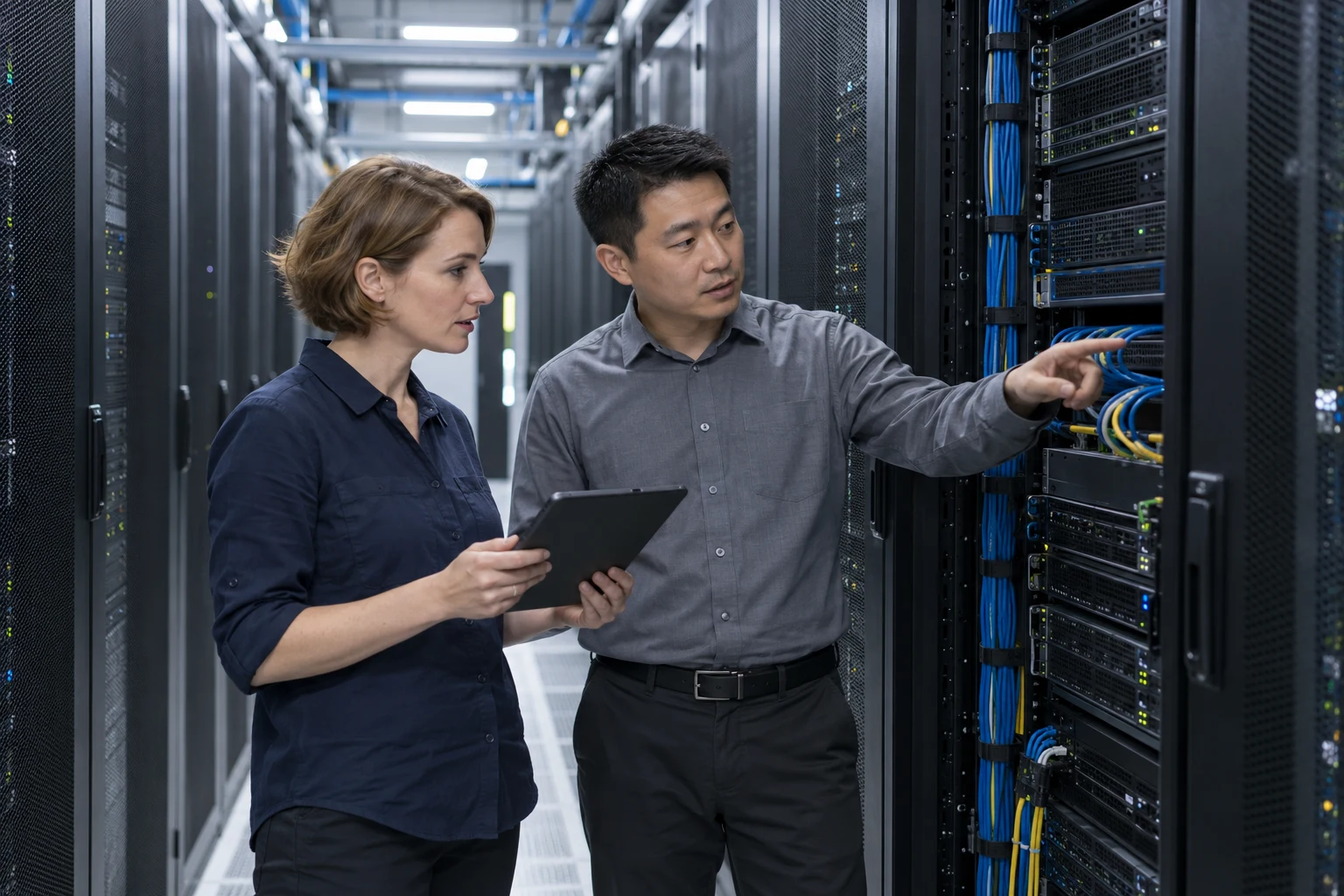 Illustration : deux ingénieurs vérifient les équipements d’un datacenter
