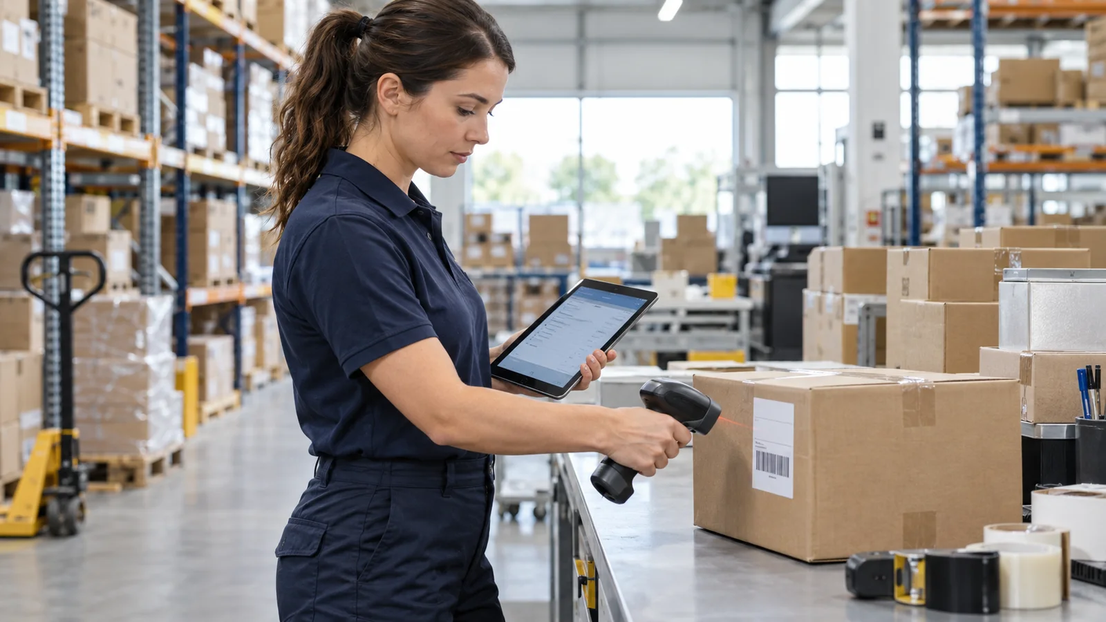 Logisticienne utilisant une tablette et un scanner pour le suivi des colis